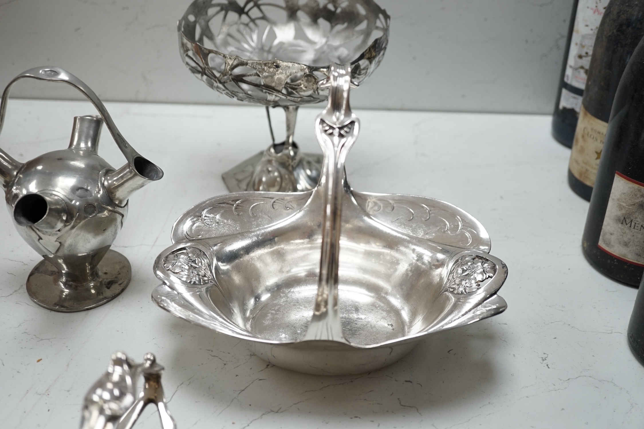 An Osiris Art Nouveau comport and four other Art Nouveau plated items. Condition - fair to good